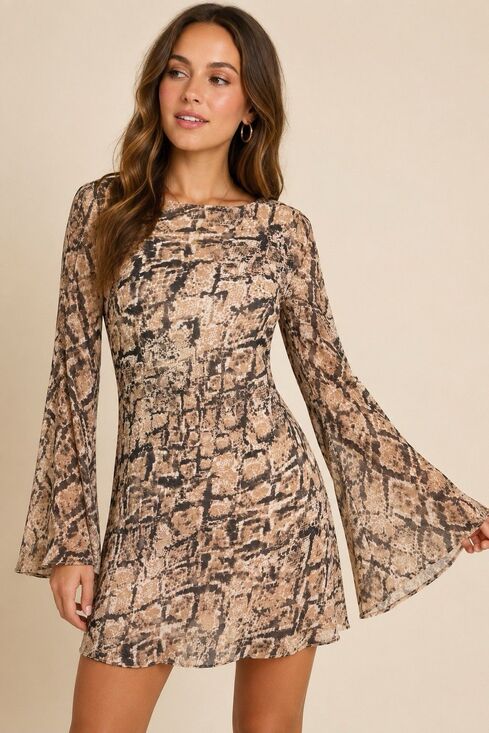 B. Darlin Dresses & Skirts - B. Darlin Snake Print Bell Sleeve Mini Dress Open Back Tie Neutral NWT Size 3/4